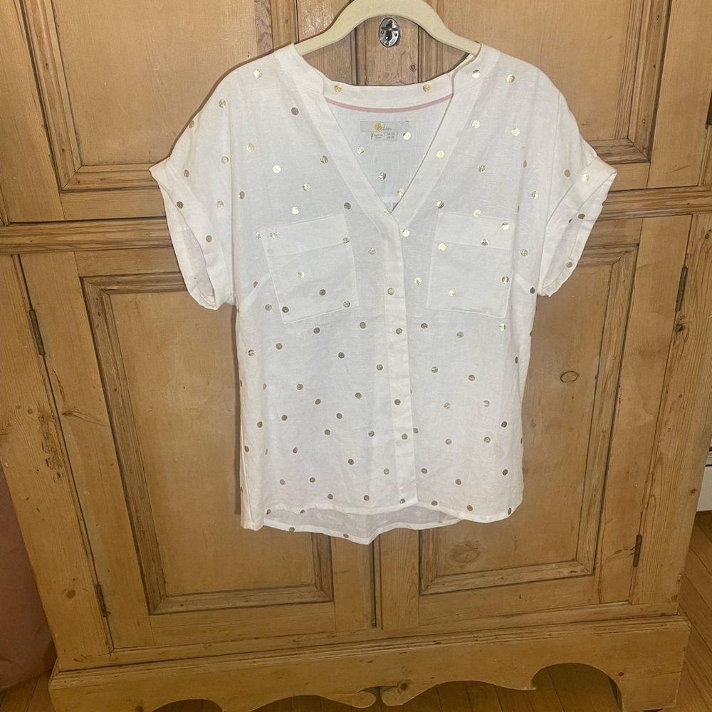 Boden white linen top with gold metallic polka dots